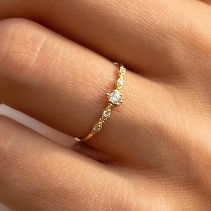 Dainty minimalist 14k gold diamond promise ring for her Unique vintage style victorian diamond engagement ring Art deco engagement ring gold