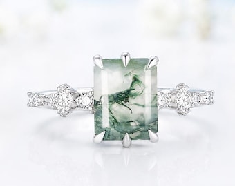 Octagon Moss Agate Art Deco Engagement Ring, White Gold Vintage Promise Ring for Her
