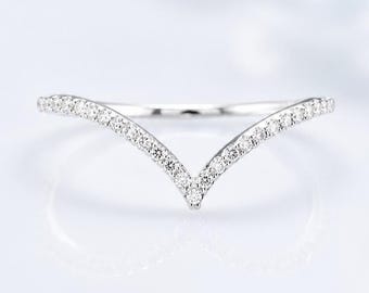 White Gold Diamond Chevron Wedding Band, V Shaped Pave Stacking Band for Her