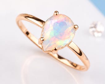 Pear Rainbow Opal Solitaire Engagement Ring, Rose Gold October Birthstone Promise Ring for Her