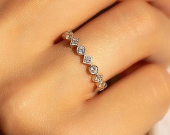 Geometric diamond wedding band, Women 14k white gold half eternity bezel diamond wedding band, Unique diamond stackable band gift for her