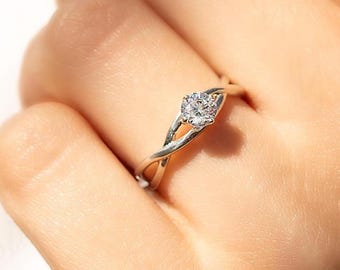 Dainty White Gold Moissanite Promise Ring for Her, Minimalist Crossover Solitaire Engagement Ring, Delicate Twisted Bridal Ring