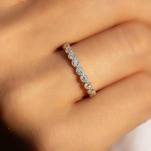 Dainty white gold vintage inspired milgrain diamond wedding band, Women half eternity diamond wedding band, Unique stackable diamond band