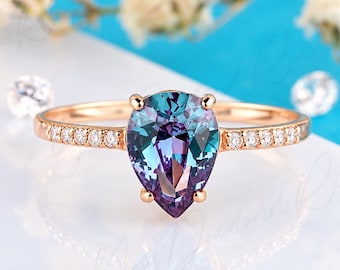 Pear Alexandrite Engagement Ring, Rose Gold June Birthstone Promise Ring for Her