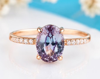 Oval Alexandrite Pave Engagement Ring, Rose Gold June Birthstone Promise Ring for Her