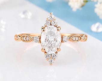 Oval Moissanite Art Deco Engagement Ring, Rose Gold Vintage Promise Ring for Her