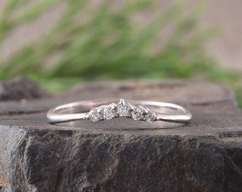 14k White Gold Curved Diamond Wedding Band, Diamond Cluster Ring, Small Diamond Ring, Chevron Ring, V Ring