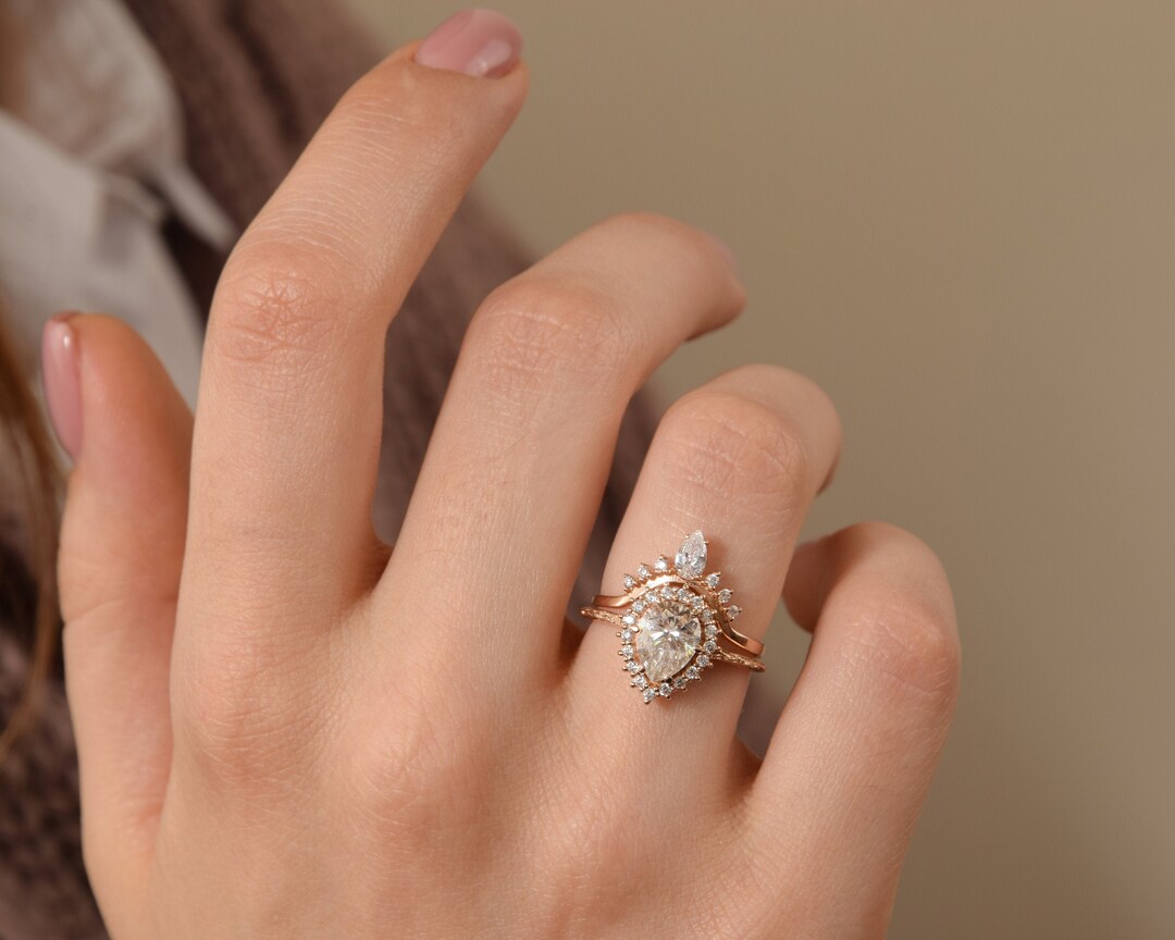 Dainty Halo Engagement Rings Set, Unique 14k Rose Gold Vintage