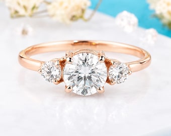 Dainty Round Moissanite Three Stone Engagement Ring, Rose Gold Classic Promise Ring for Her