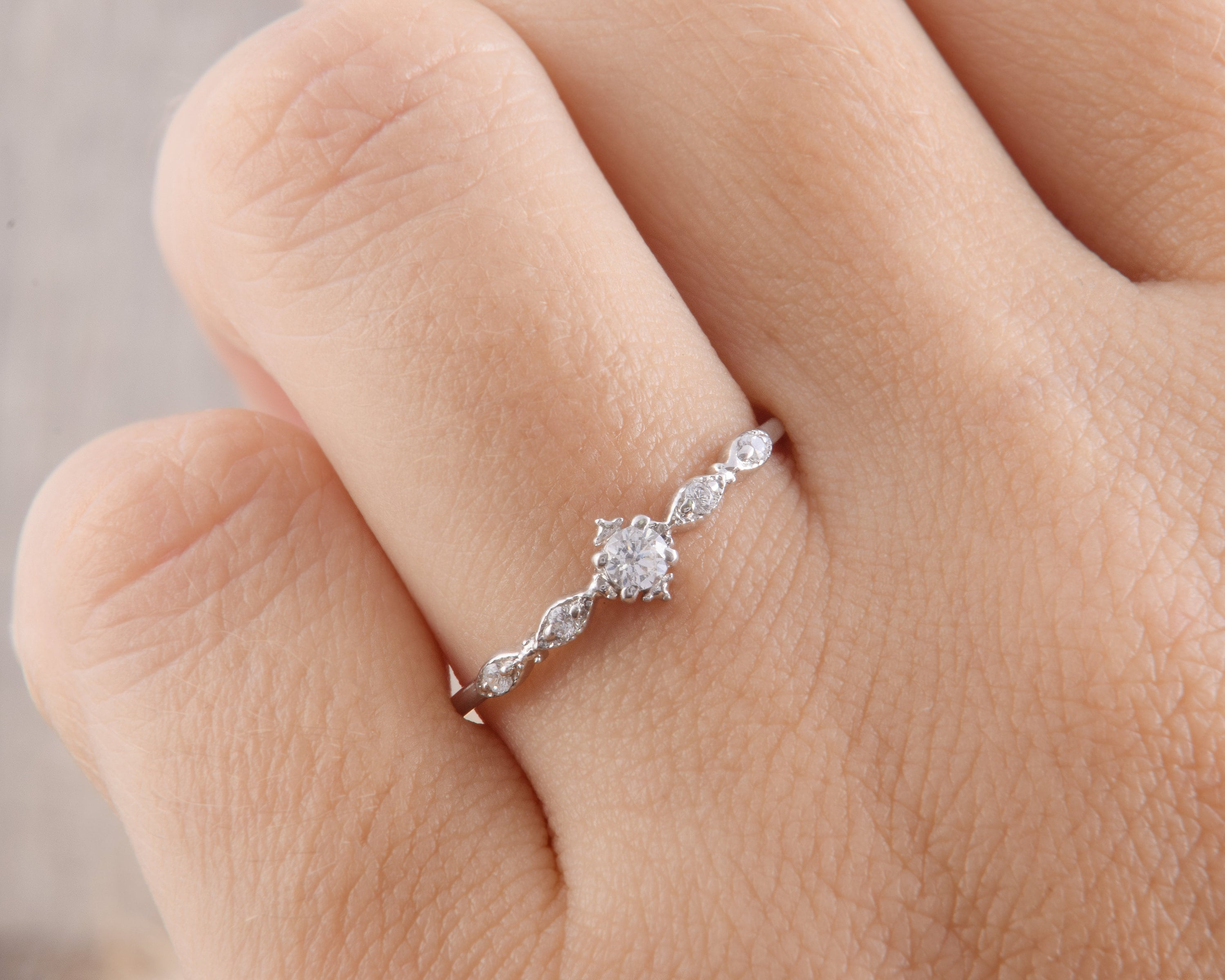 14k Solid White Gold Dainty Art Deco Diamond Promise Ring picture