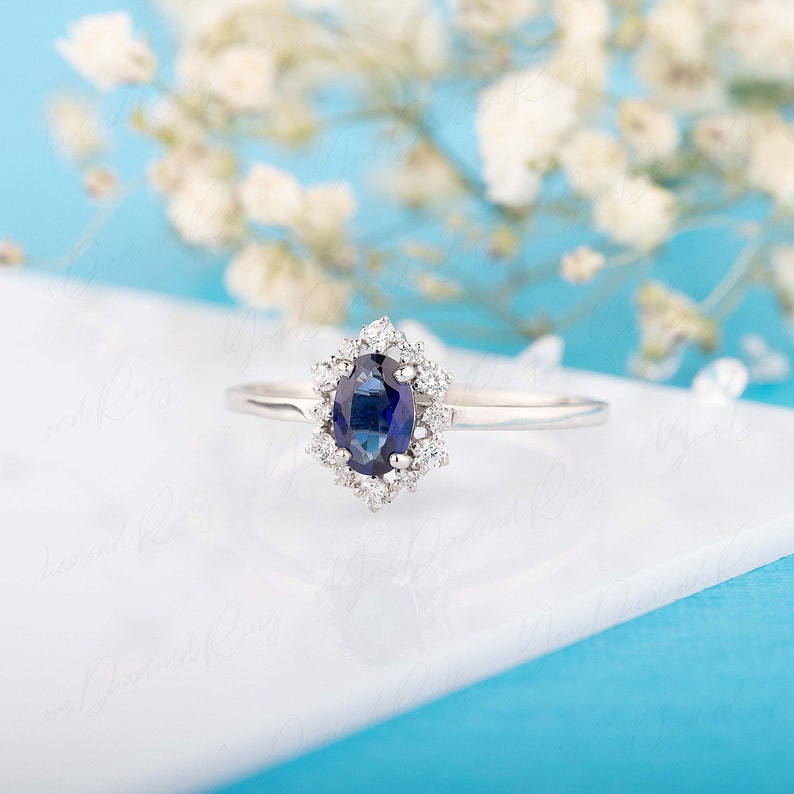 Art deco style halo blue sapphire & diamond engagement ring white gold, Oval sapphire diamond promise ring, Sapphire wedding bridal ring image 3