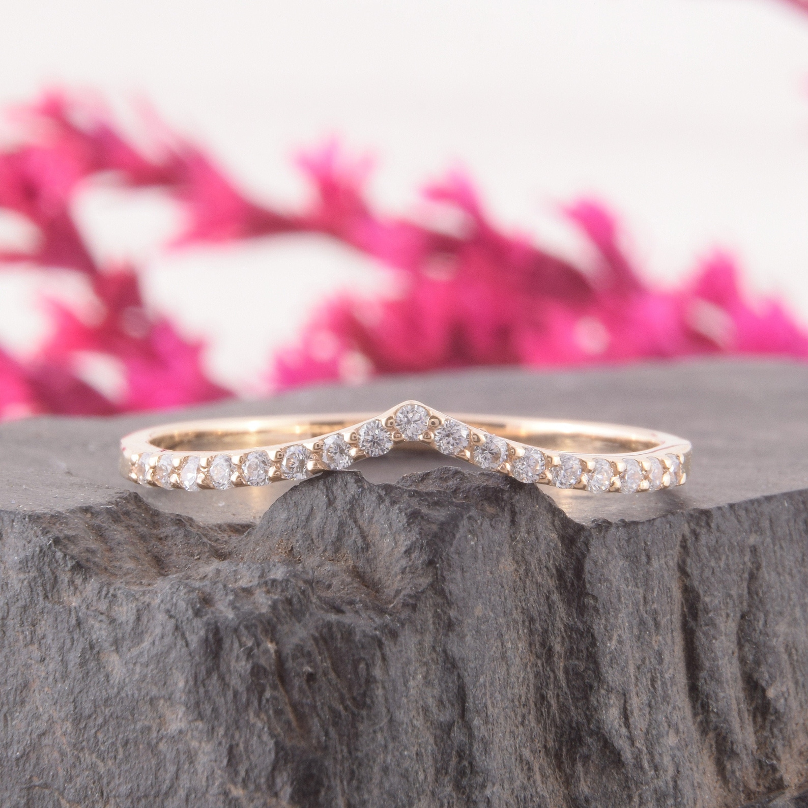 14k Yellow Gold Curved Diamond Wedding Band, Womens Dainty Wedding Band 14k Yellow Gold Curved Diamond Wedding Band, Womens Dainty Wedding Band