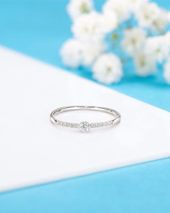 white gold dress rings for women Dainty Diamond Engagement Ring, Minimalist Solitaire Pave Promise Ring Her unique white gold wedding rings