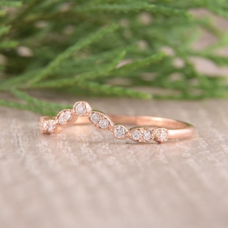 Curved Wedding Band Art Deco Wedding Band Moissanite Wedding Etsy