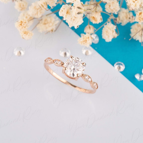 Dainty vintage style art deco 1ct round cut moissanite womens engagement ring ,Antique style victorian 1ct moissanite womens promise ring