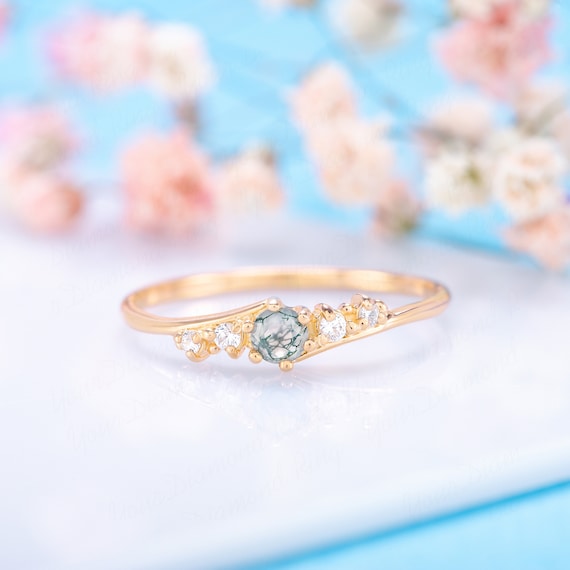 Dainty moss agate promise ring for her, Unique minimalist real moss agate & diamond engagement ring, Women 14k gold natural moss agate ring