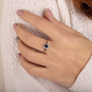 Art deco style halo blue sapphire & diamond engagement ring white gold, Oval sapphire diamond promise ring, Sapphire wedding bridal ring image 7