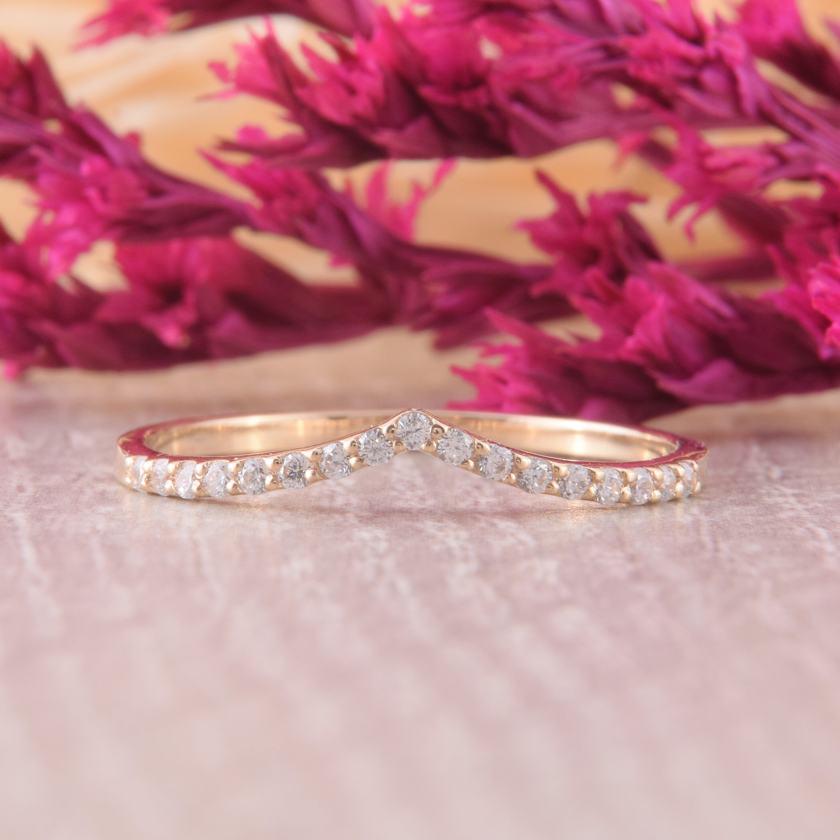 14k Yellow Gold Curved Diamond Wedding Band, Womens Dainty Wedding Band 14k Yellow Gold Curved Diamond Wedding Band, Womens Dainty Wedding Band