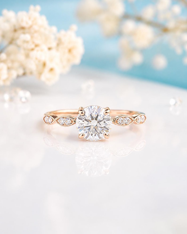 Art Deco Rose Gold Moissanite Engagement Ring, Dainty Minimalist Promise Ring for Her image 1