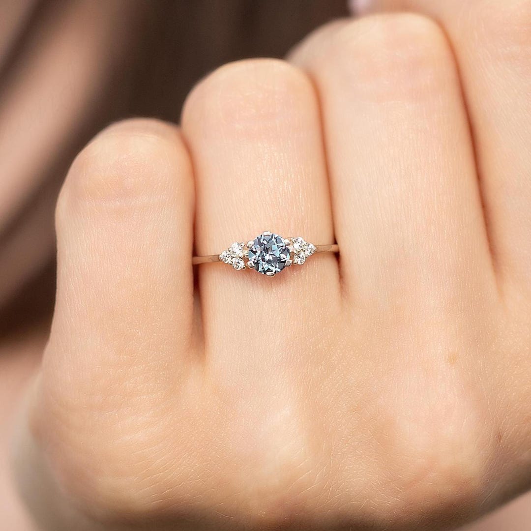 Unique minimalist white gold alexandrite & diamond promise ring for her, Women dainty alex