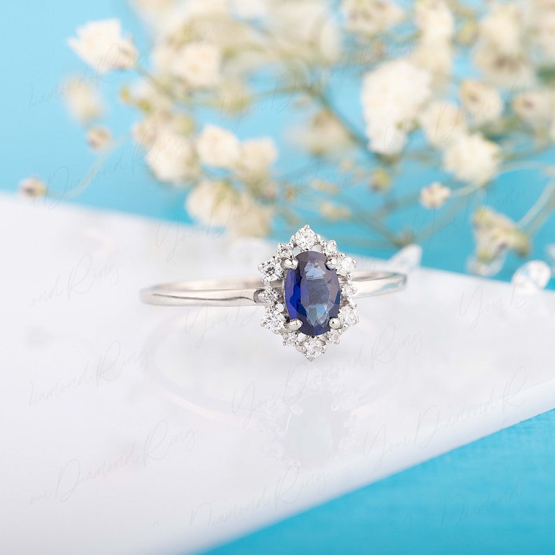 Art deco style halo blue sapphire & diamond engagement ring white gold, Oval sapphire diamond promise ring, Sapphire wedding bridal ring image 4