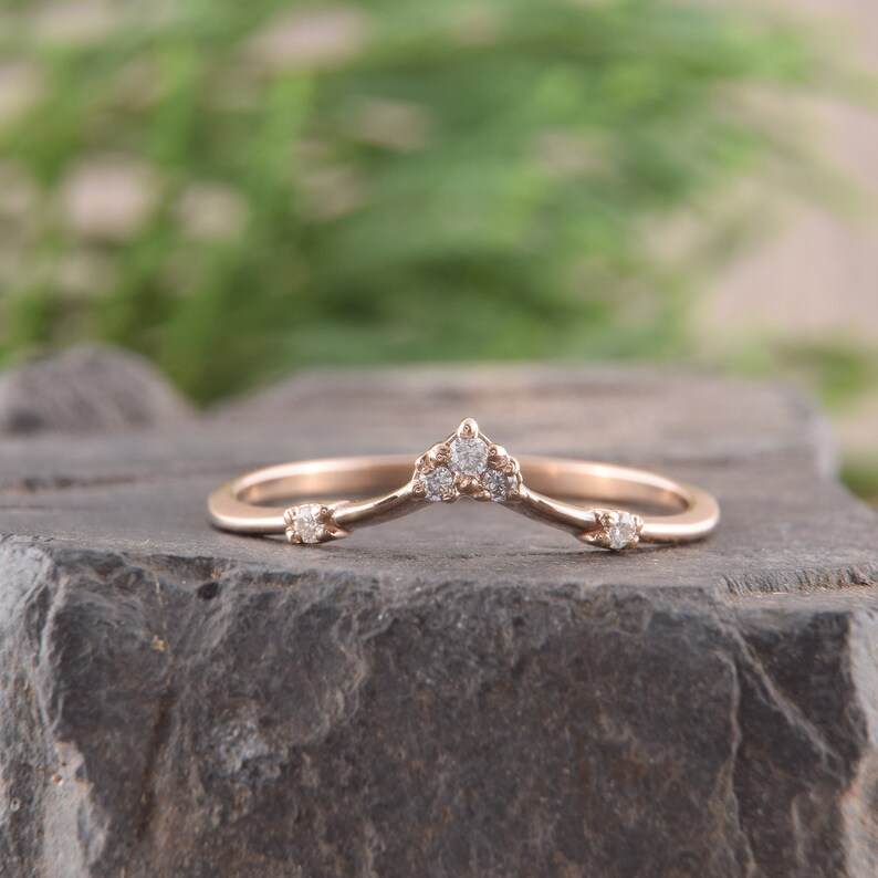 Chevron Ring Delicate Diamond Ring Minimalist Ring Art Deco Wedding Band V Ring Rose Gold Curved Diamond Wedding Band
