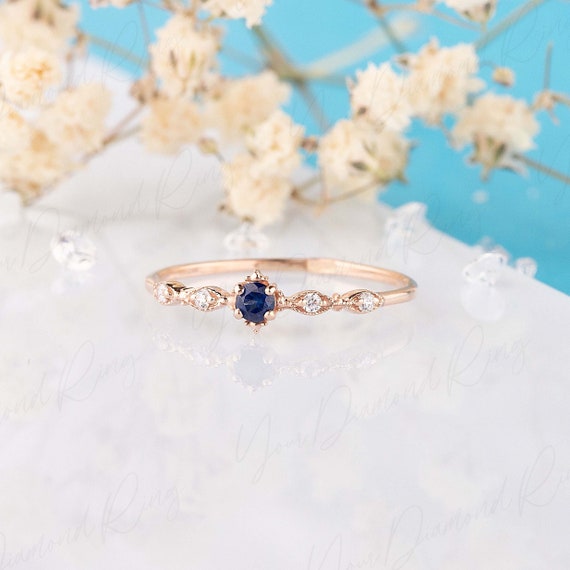 Vintage Style Art Deco 14k Rose Gold Blue Sapphire Diamonds