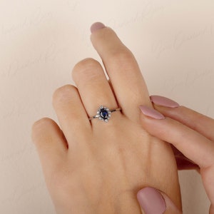 Art deco style halo blue sapphire & diamond engagement ring white gold, Oval sapphire diamond promise ring, Sapphire wedding bridal ring image 8