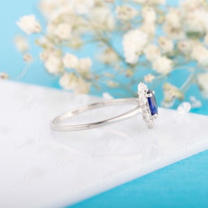 Art deco style halo blue sapphire & diamond engagement ring white gold, Oval sapphire diamond promise ring, Sapphire wedding bridal ring image 5