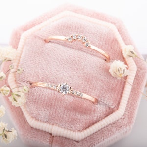 14k rose gold dainty diamond wedding ring set, Small minimalist womens diamond engagement ring set, Tiny delicate diamond promise ring set