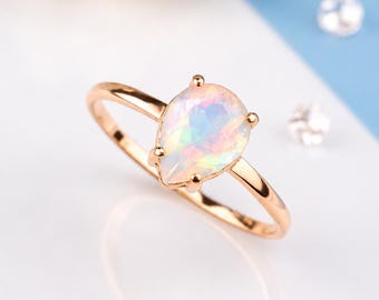 Dainty Rose Gold Pear Opal Solitaire Promise Ring for Her, October Birthstone Engagement Ring