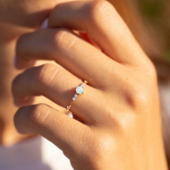 Opal diamond engagement ring gold, Dainty minimalist opal promise ring  for her, Unique women opal ring gold, Opal jewelry, Gift for her