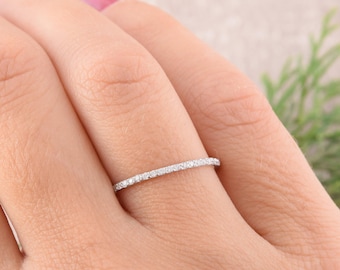 Dainty Minimalist Diamond Half Eternity Wedding Band, White Gold Pave Stacking Band for Her