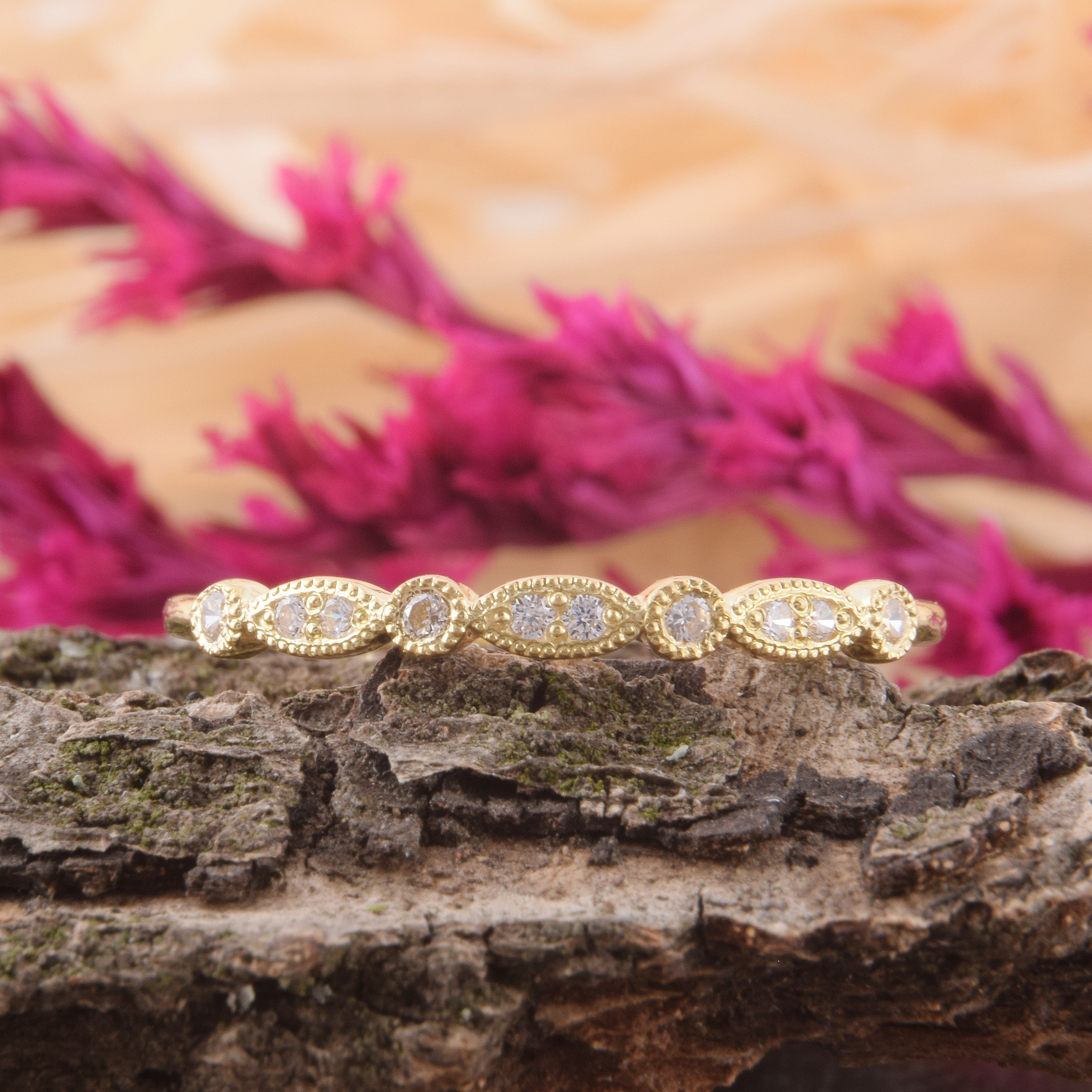 14k Solid Yellow Gold Half Eternity Diamond Wedding Band, Unique ...