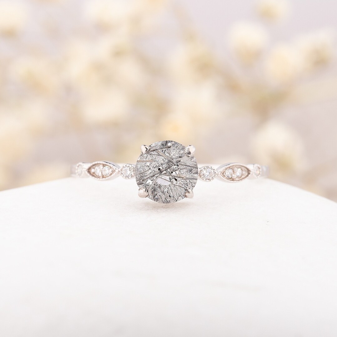 Anillo Rutilado Negro Ovalado Juego Anillos Compromiso Cuarzo Rutilado  Negro - Oro Rosa, Ovalado, Circonita Negra, Curvado Anillos Aniversario Boda, image size:1080x1080