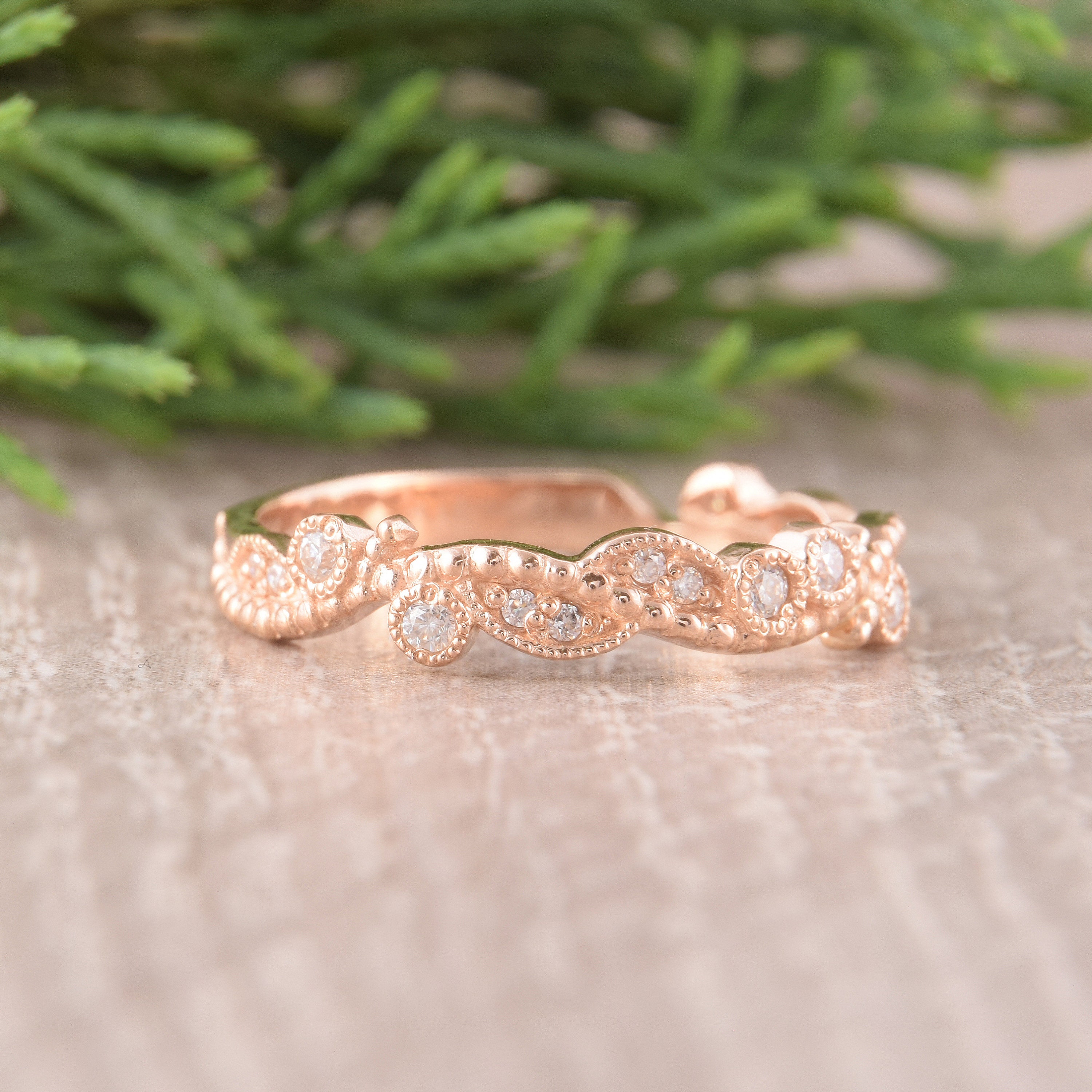 Rose Gold Art Deco Diamond Wedding Band for Women, Antique Wedding Band Rose Gold Art Deco Diamond Wedding Band for Women, Antique Wedding Band