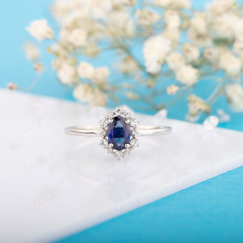 Art deco style halo blue sapphire & diamond engagement ring white gold, Oval sapphire diamond promise ring, Sapphire wedding bridal ring image 2