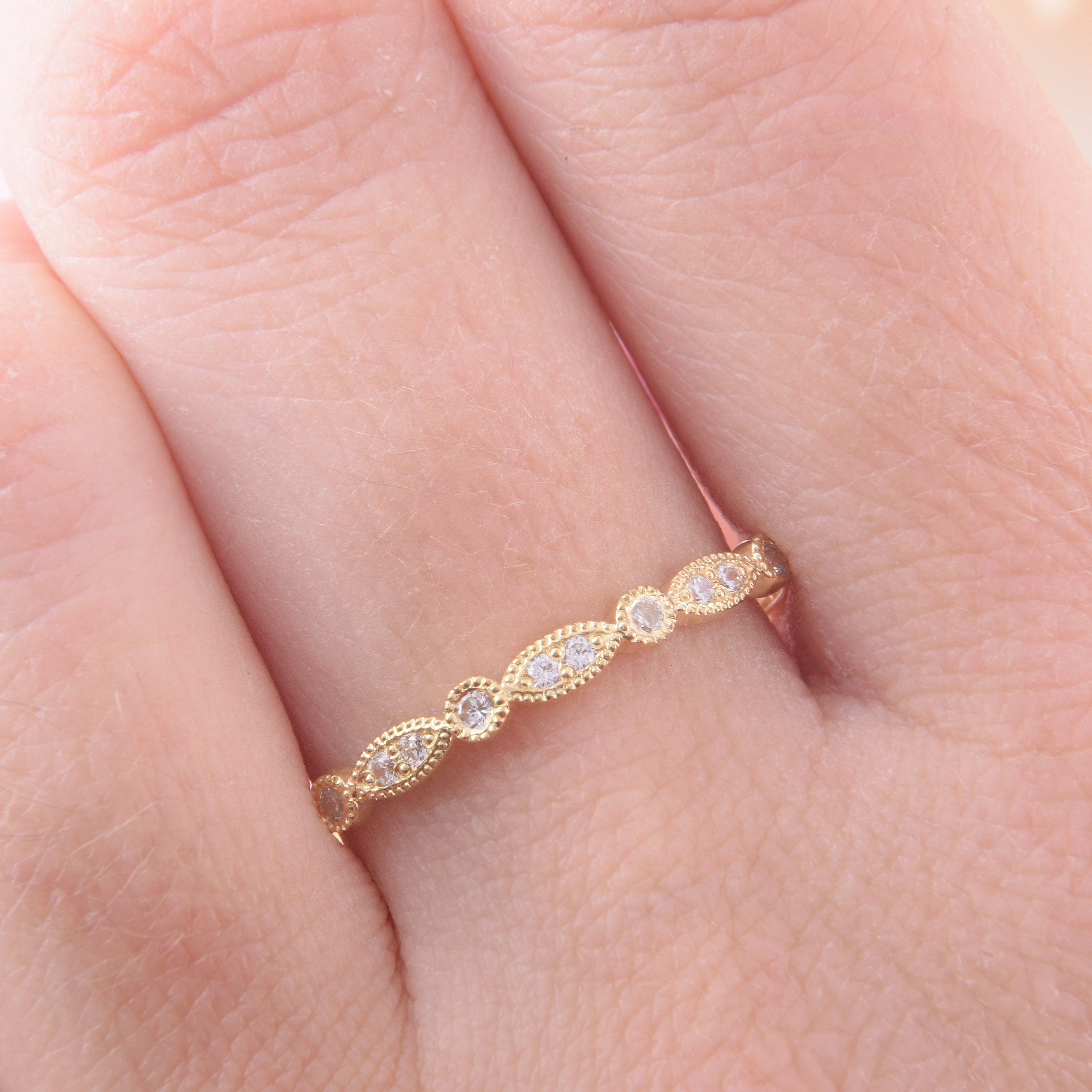 14k Solid Yellow Gold Half Eternity Diamond Wedding Band, Unique ...