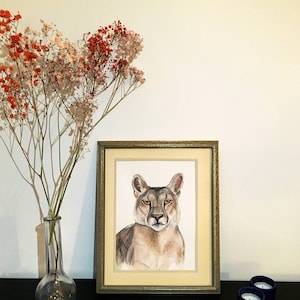 Unique gouache painting of Puma with antique frame