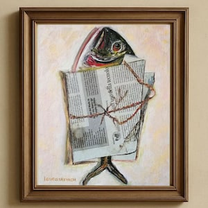 Sardine Oil Painting: Fish Wrapped in Newspaper, Minimalist Marine Art (10x12)