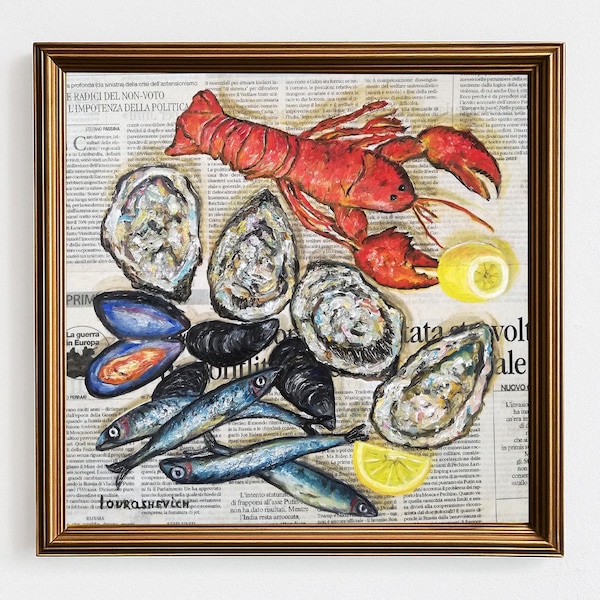 Seafood Original Painting: Lobster Oysters Mussels Anchovies Lemon on Newspaper Coastal