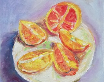 Orange Slices Painting Original Oil Fruit Artwork Citrus Kitchen Tangerine Mini Still Life Unique Wall Art Gift for Birthday 6 by 6"