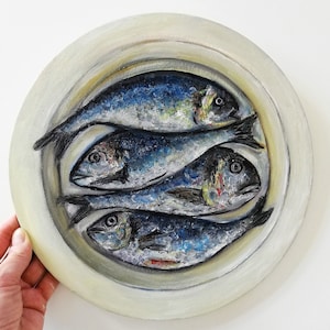 Sardine Fishes Oil Painting: Round Still Life, Coastal Kitchen Decor