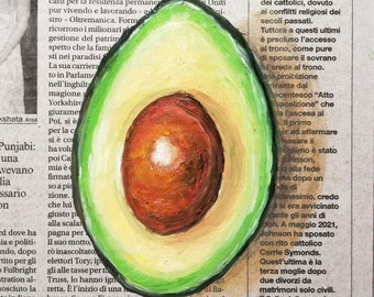 Avocado Painting on Newspaper Original Art Small Exotic Fruit Still Life for Minimal Wall Decor 6 by 6" by Katia Ricci
