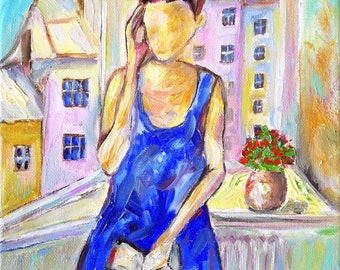 Reading Woman Original Oil Painting, Book Lover Wall Art, Faceless Portrait