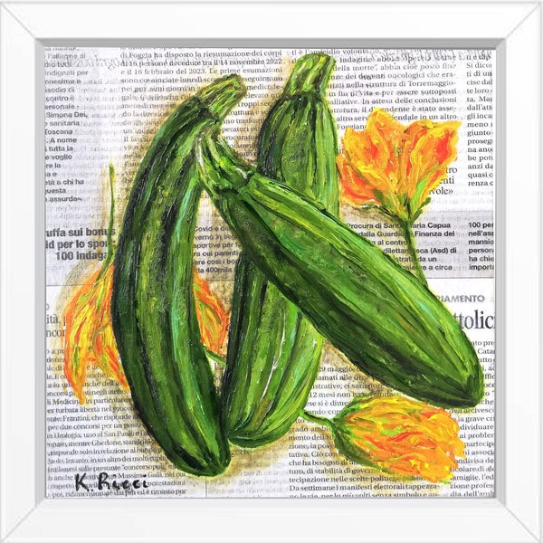 Painting on Newspaper Original Zucchini Flowers Vegetable Plant Apartment Aesthetic Rustic Decor Cool Retro Food Still Life 8 by 8"
