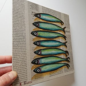 Anchovies Painting Original Fish Art Oil Sardine Newspaper Art Seafood Small Anchovy Artwork Fish Still Life 8 by 8 by Katia Ricci image 8