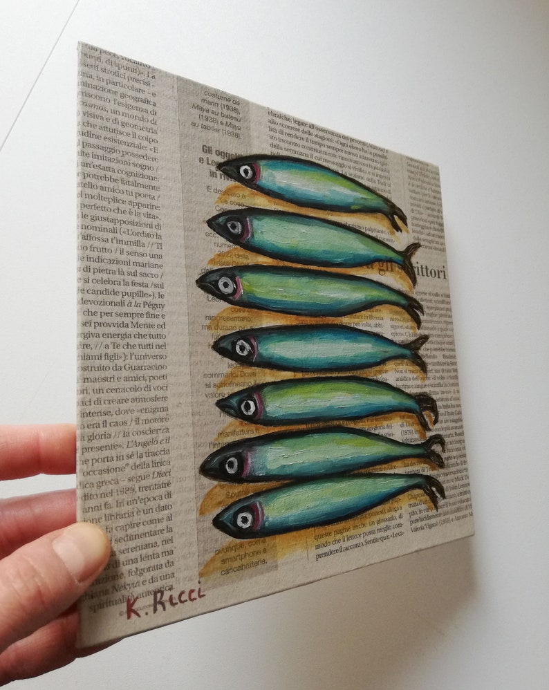 Anchovies Painting Original Fish Art Oil Sardine Newspaper Art Seafood Small Anchovy Artwork Fish Still Life 8 by 8 by Katia Ricci image 8