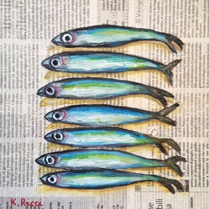 Anchovies Painting Original Fish Art Oil Sardine Newspaper Art Seafood Small Anchovy Artwork Fish Still Life 8 by 8 by Katia Ricci image 1