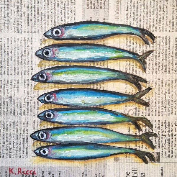 Anchovies Painting Original Fish Art Oil Sardine Newspaper Art Seafood Small Anchovy Artwork Fish Still Life 8 by 8" by Katia Ricci